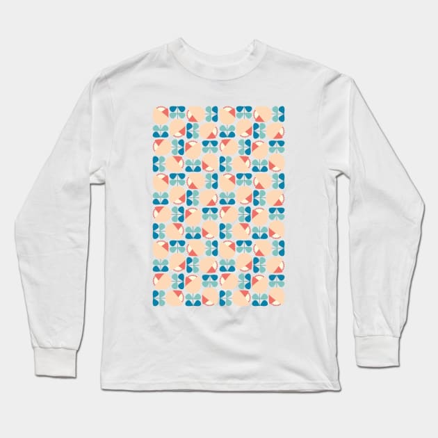 Retro Geometric Floral Pattern Blue, Peach, Coral Long Sleeve T-Shirt by tramasdesign